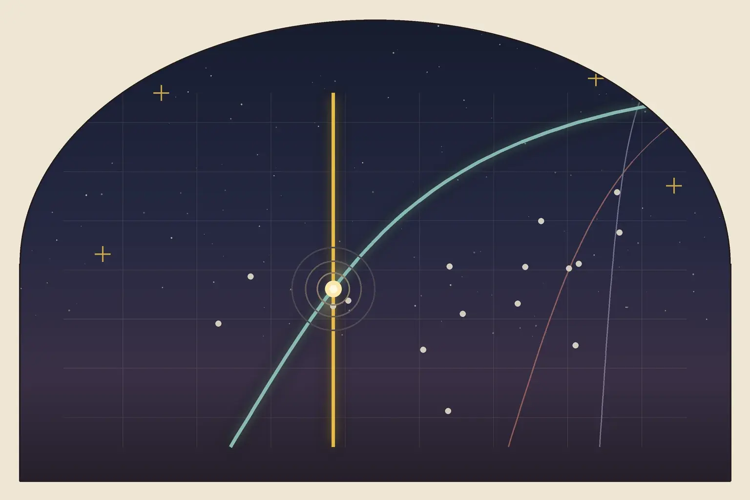 Editorial illustration: a gold meridian and a teal curved line cross at a glowing point over a night-blue map grid, with small dots for cities and ripples around the crossing.