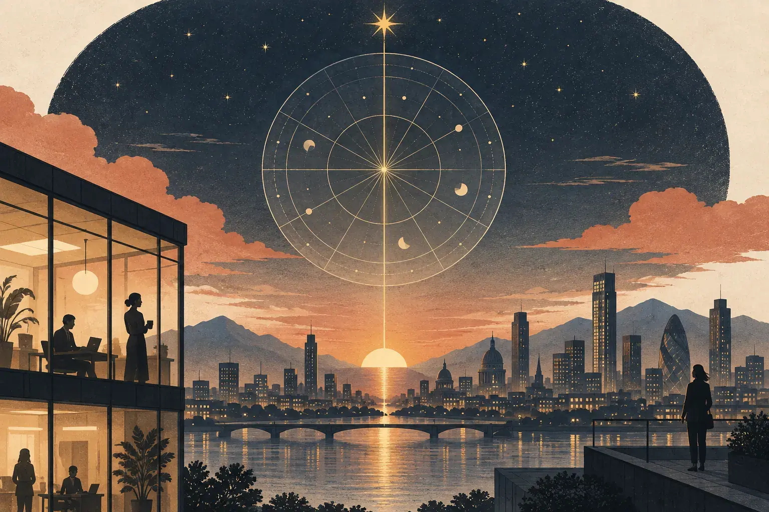 Illustration éditoriale où un méridien doré relie un cercle astral à l’horizon d’une ville.