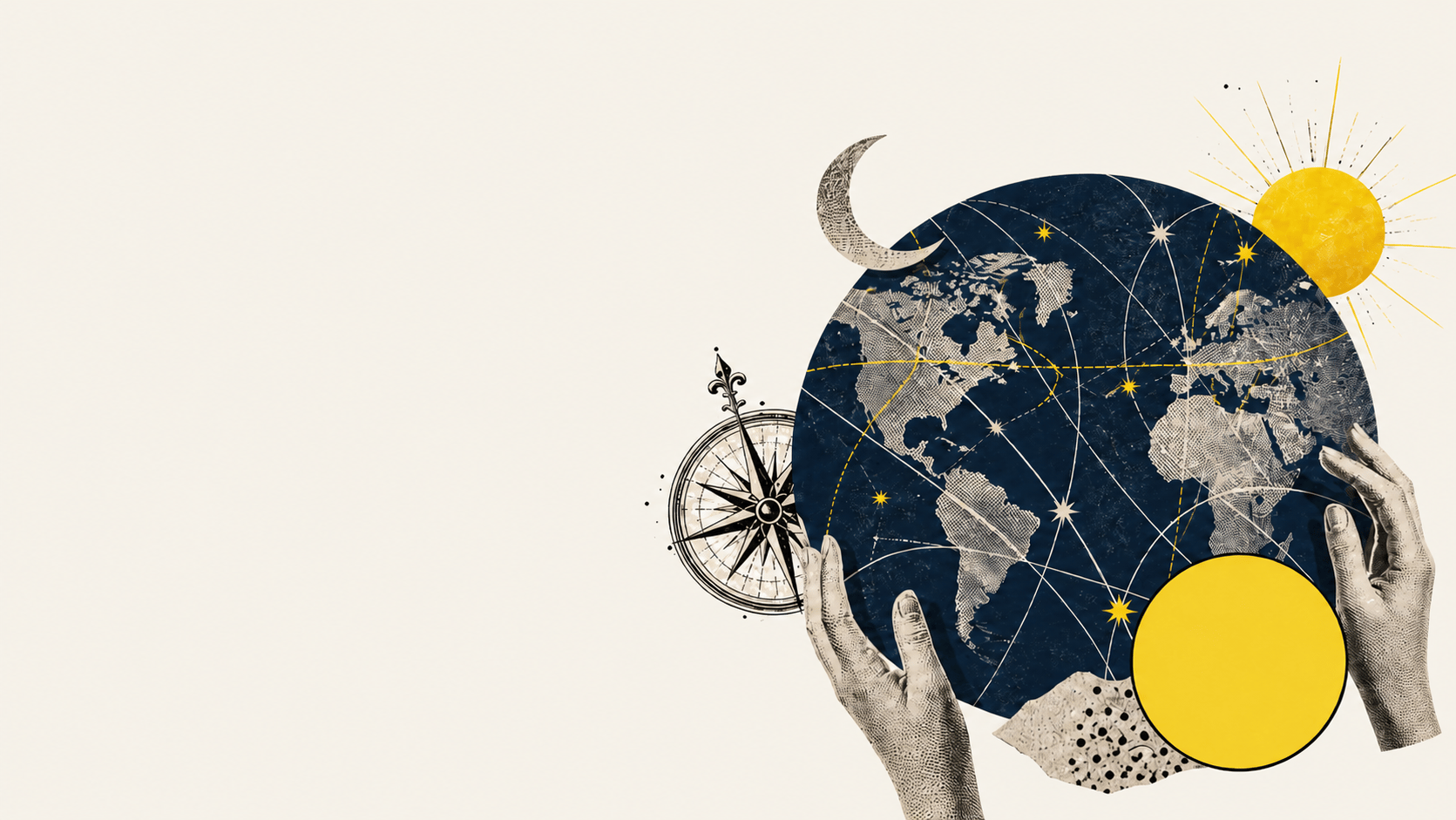 Editorial atlas collage with Earth, stars and astrocartography lines